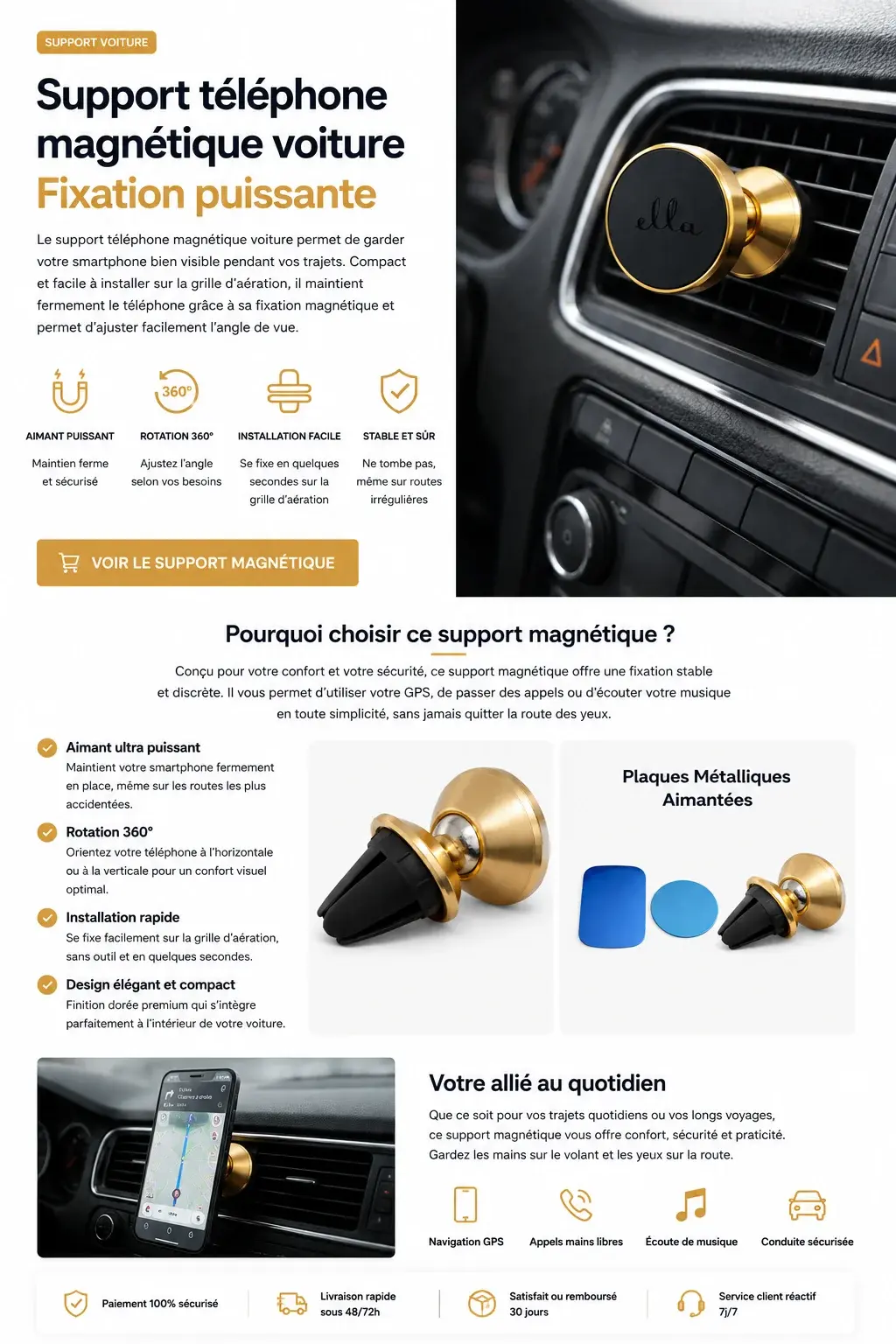 Support magnétique voiture pour smartphone – Noir & Doré Support magnétique voiture pour smartphone noir et doré sur grille d’aération