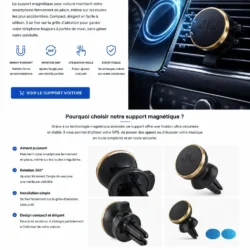 Support magnétique voiture ELLIETECH noir et doré pour smartphone