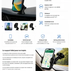 Support voiture à ventouse pour smartphone noir avec bras réglable