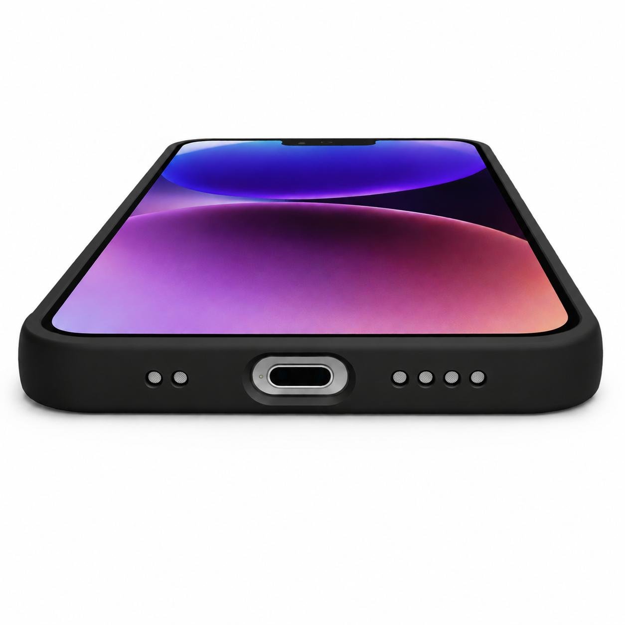 Coque Silicone Noire pour iPhone 13 Mini – Protection Antichoc Coque silicone noire pour iPhone 13 Mini, vue avant et arrière, avec protection du bloc caméra.