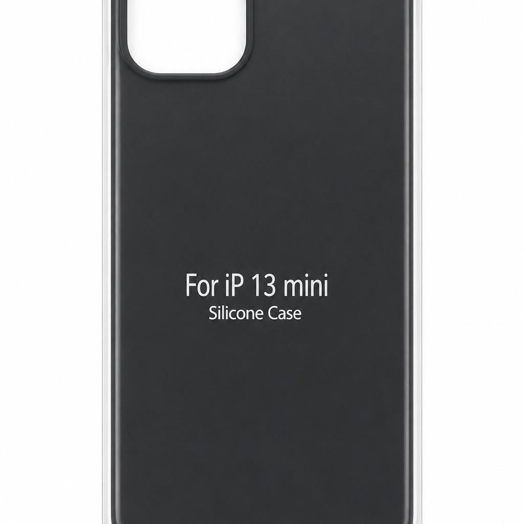 Coque Silicone Noire pour iPhone 13 Mini – Protection Antichoc Coque silicone noire pour iPhone 13 Mini, vue avant et arrière, avec protection du bloc caméra.