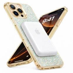 Coque Magnétique Pailletée pour iPhone 16 Pro – Argent Lavande protection renforcée du bloc caméra.