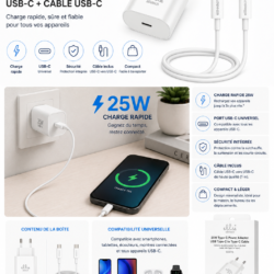 Chargeur rapide ELLIETECH 25W USB-C blanc avec câble USB-C vers USB-C inclus