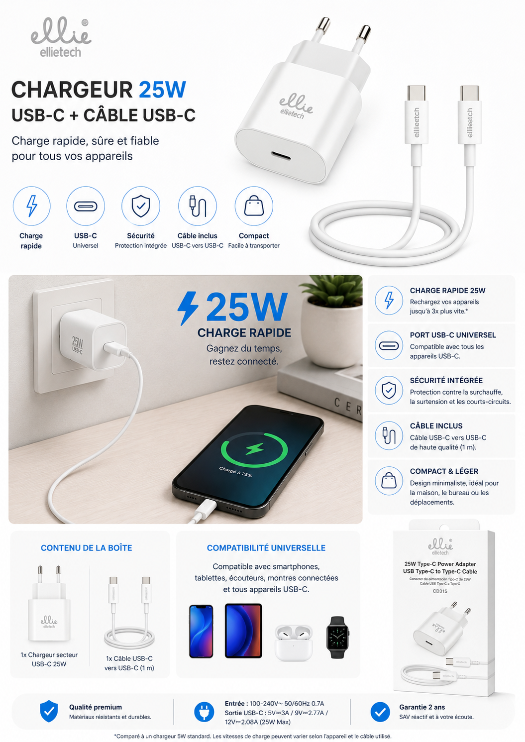 Chargeur Rapide ELLIETECH 25W USB-C avec Câble USB-C Chargeur rapide ELLIETECH 25W USB-C blanc avec câble USB-C vers USB-C inclus