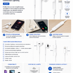 Écouteurs filaires ELLIETECH Lightning blancs avec microphone et commandes pour iPhone