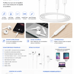 Écouteurs filaires USB-C stéréo ELLIETECH AT248 blancs avec microphone et commandes intégrées