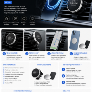 Support magnétique voiture pour smartphone ELLIETECH SP354 noir