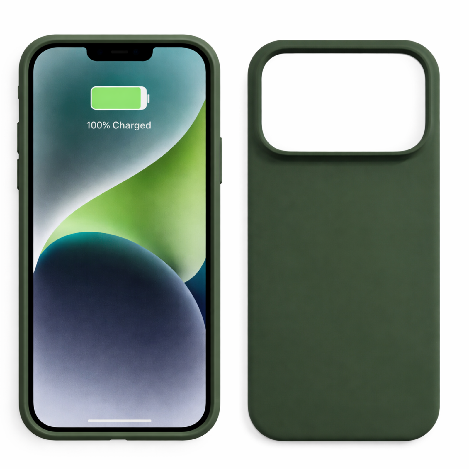 Coque Silicone Case iPhone 17 Pro – Vert Foncé Coque Silicone Case vert foncé pour iPhone 17 Pro – vue avant avec iPhone et vue arrière