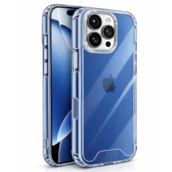 Coque transparente antichoc pour iPhone 16 Pro Max avec coins renforcés, vue avant et arrière.
