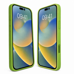 Coque Silicone Case verte pour iPhone 16 Pro Max, finition douce au toucher, vue avant et arrière.