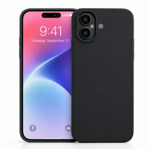 Coque Silicone Case noire pour iPhone 16 Plus avec finition mate, protection intégrale et design fin.