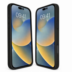 Coque Silicone Case noire pour iPhone 16, vue avant et profil, finition mate avec design fin et élégant.