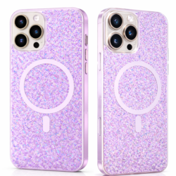Coque rose lavande pailletée pour iPhone 16 Pro Max avec anneau magnétique compatible MagSafe et finition scintillante.