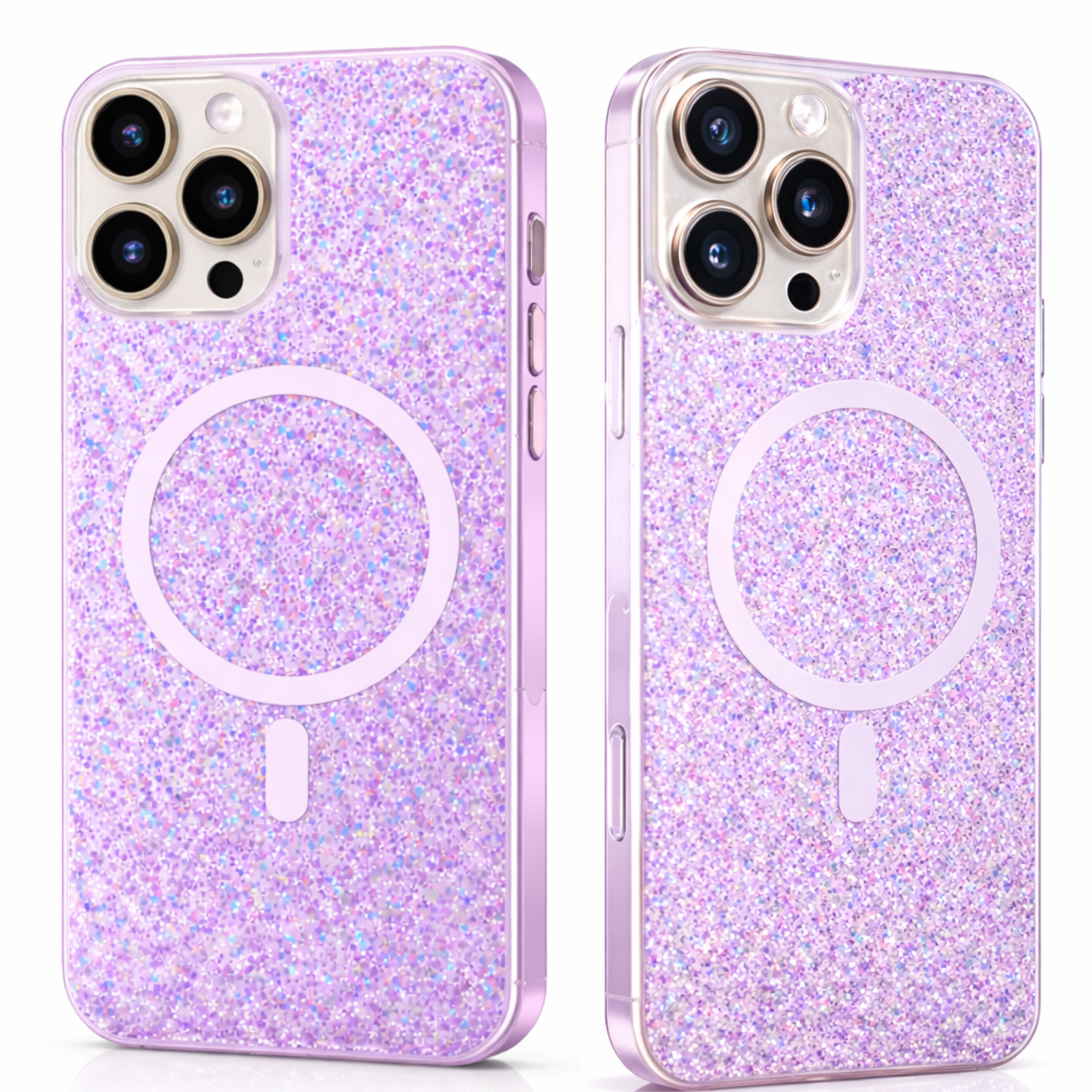 Coque iPhone 16 Pro Magnétique – Rose Pailleté Coque iPhone 16 Pro transparente rose pailletée avec anneau magnétique compatible MagSafe et protection renforcée de l’appareil photo.
