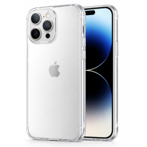 Coque transparente pour iPhone 13 Pro Max avec protection renforcée des bords et du bloc caméra.