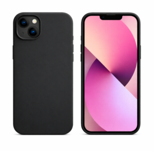 Coque silicone noire pour iPhone 13 Mini, vue avant et arrière, avec protection du bloc caméra.