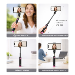Perche selfie télescopique 75 cm avec trépied et télécommande Bluetooth pour smartphone