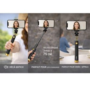 Perche selfie télescopique noire et dorée avec support smartphone et télécommande