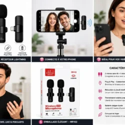 Microphone cravate sans fil EllieTech MR102 pour iPhone avec 2 micros et récepteur Lightning