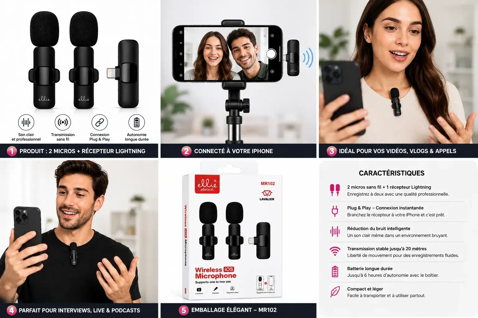 Microphone sans fil EllieTech MR102 – Double micro pour iPhone Microphone cravate sans fil EllieTech MR102 pour iPhone avec 2 micros et récepteur Lightning